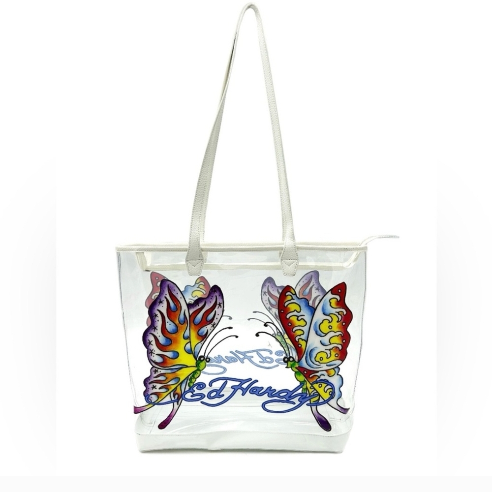 NEW Ed Hardy Large PVC Tote with Colorful Purple Butterfly Design MSRP $159 O/S